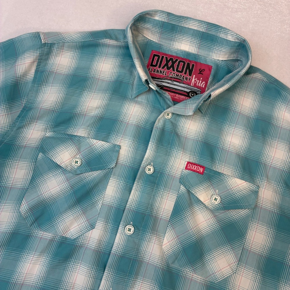 Dixxon Flannel Co Fria Shirt Mens Large Teal White Plaid Bamboo Short Sleeve L